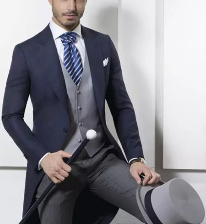 

Custom Made Classic Design Navy Tailcoat Groom Tuxedos best men suits Men's Wedding Dress Prom Clothing Men Suits (jacket+pants+vest), Sliver