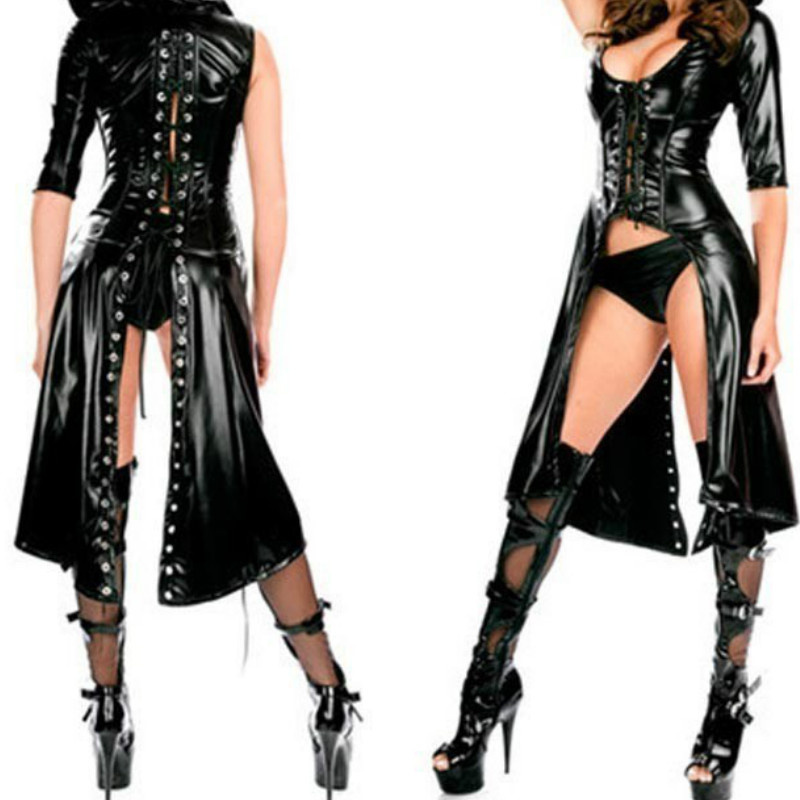 

2018 Sexy Nightclub DS Jazz Costume Women Punk Gothic Fetish Dance Dress Catsuit Erotic Faux Leather Bodysuit, Black