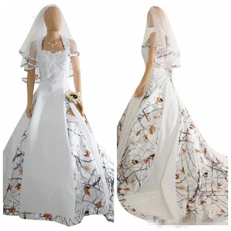

Fashion White Camo Satin Wedding Dress Custom Lace Appliques Bridal Gowns Lace Up Back With Veil Custom Long Camouflage New
