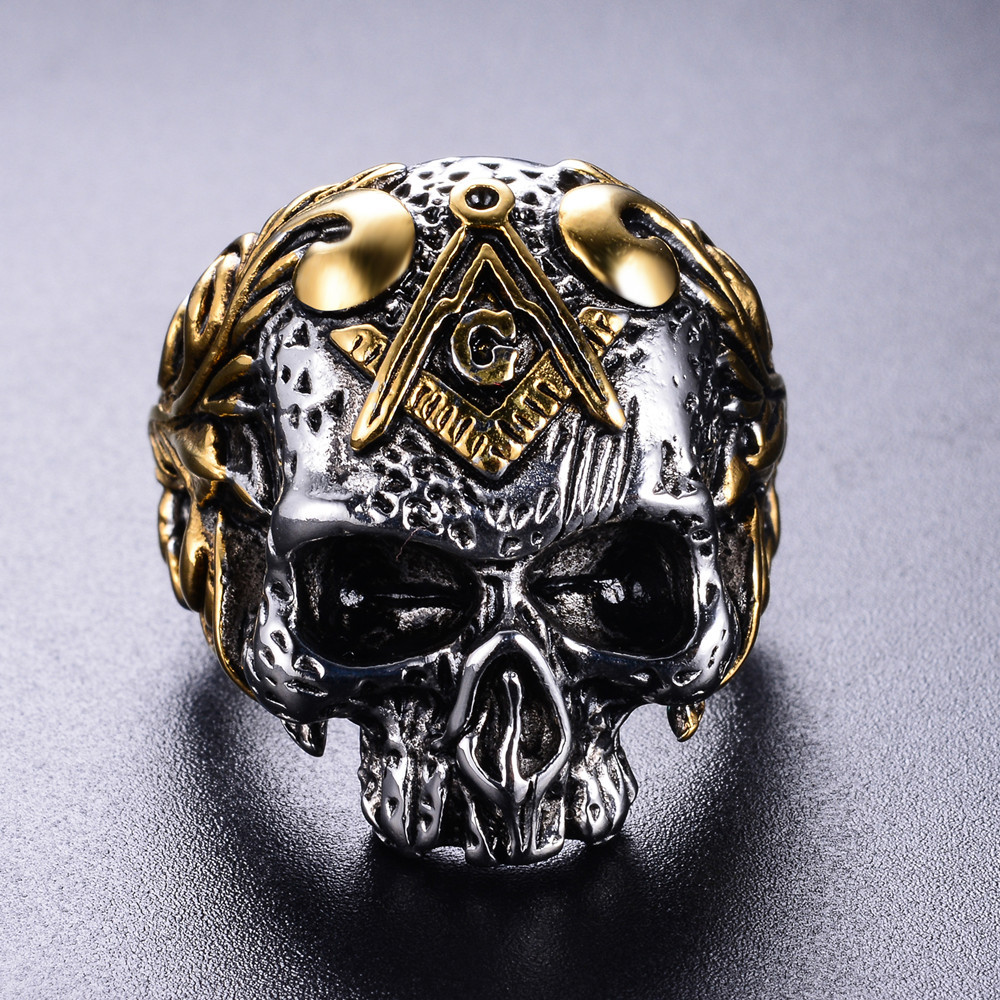 

316 Stainless Steel silver gold two tone men's skull head Masonic signet ring AG emblem punk gothic man freemason skeleton rings jewelry, Golden;silver