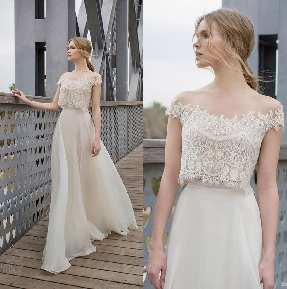 

Best Design Ivory 2 Piece Organza Beach Country Wedding Dresses Off The Shoulder Top Lace Beaded Bohemian Bridal Gowns Cheap 2018 berta Chic, Add 0.5$ buy headpiece (any color)