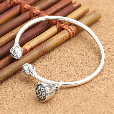 Brand new 925 sterling silver fashion jewelry bracelet lotus flowers cuff bracelet with lotus seedpod open band cuff for gift free shipping-image-408331174