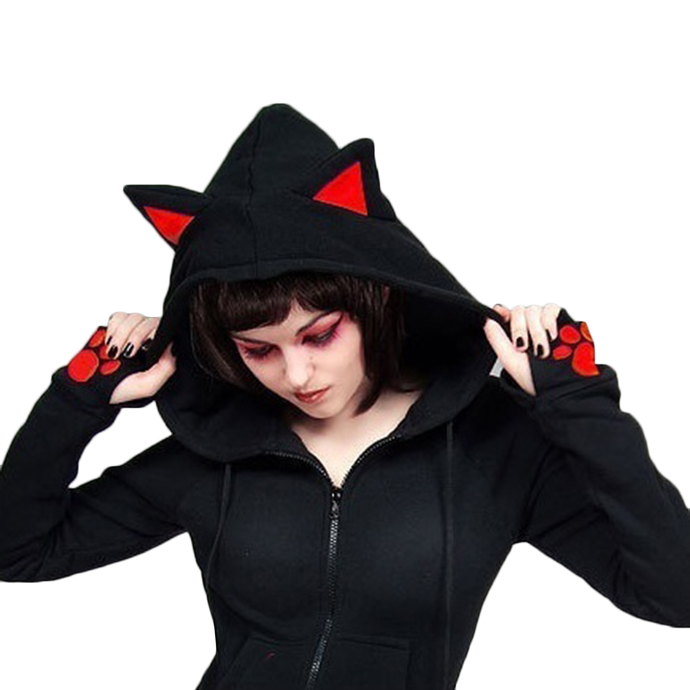 

2017 Female Women Casual Hoodies Long Sleeve Hoody Cat Ears Printed Hoodies, Bk