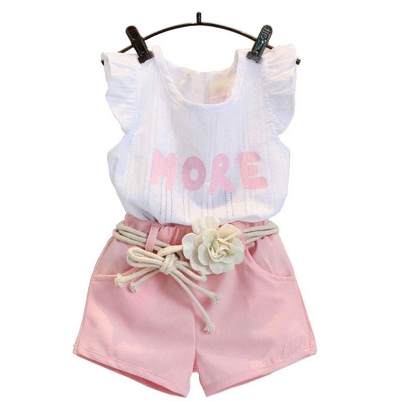 

Fashion pink clothes set for girl clothing set suit with flower belt children clothes retail kids baby clothes set k1, As picture