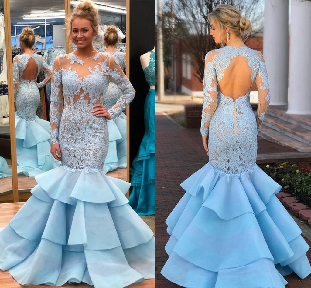 

Long Sleeves Mermaid Prom Dresses 2018 Sheer Neck Appliques Lace Organza Backless Light Sky Blue Evening Dresses Formal Party Dresses, Orange