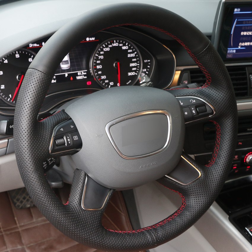 Black Leather Hand-stitched Car Steering Wheel Cover for Audi Q7 2012-2015 Q3 Q5 2013-2016 A4 (B8) 2014 2015 A6 (C7) 2014-2016-image-429865127