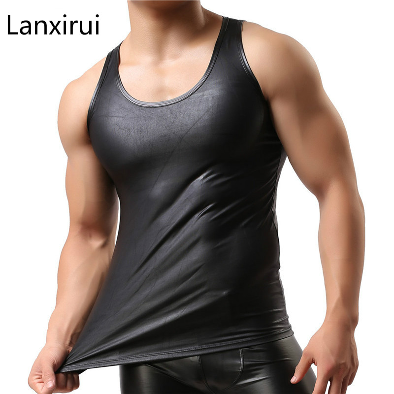 

Brand New Casual Sexy Mens Clothing Underwear T-Shirt Sleeveless Vest Tank Top PU Faux Leather Black Crew-Neck Shirt, As pic