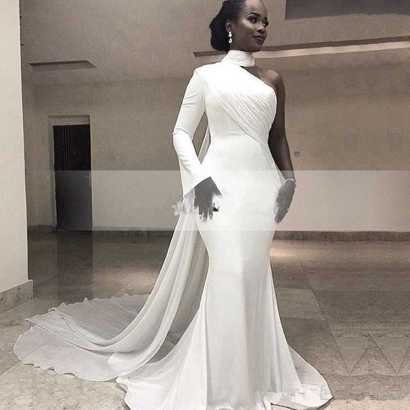 2019 African White High Neck Satin Mermaid Long Evening Dresses One Shoulder Ruched Sweep Train Formal Party Red Carpet Prom Gowns