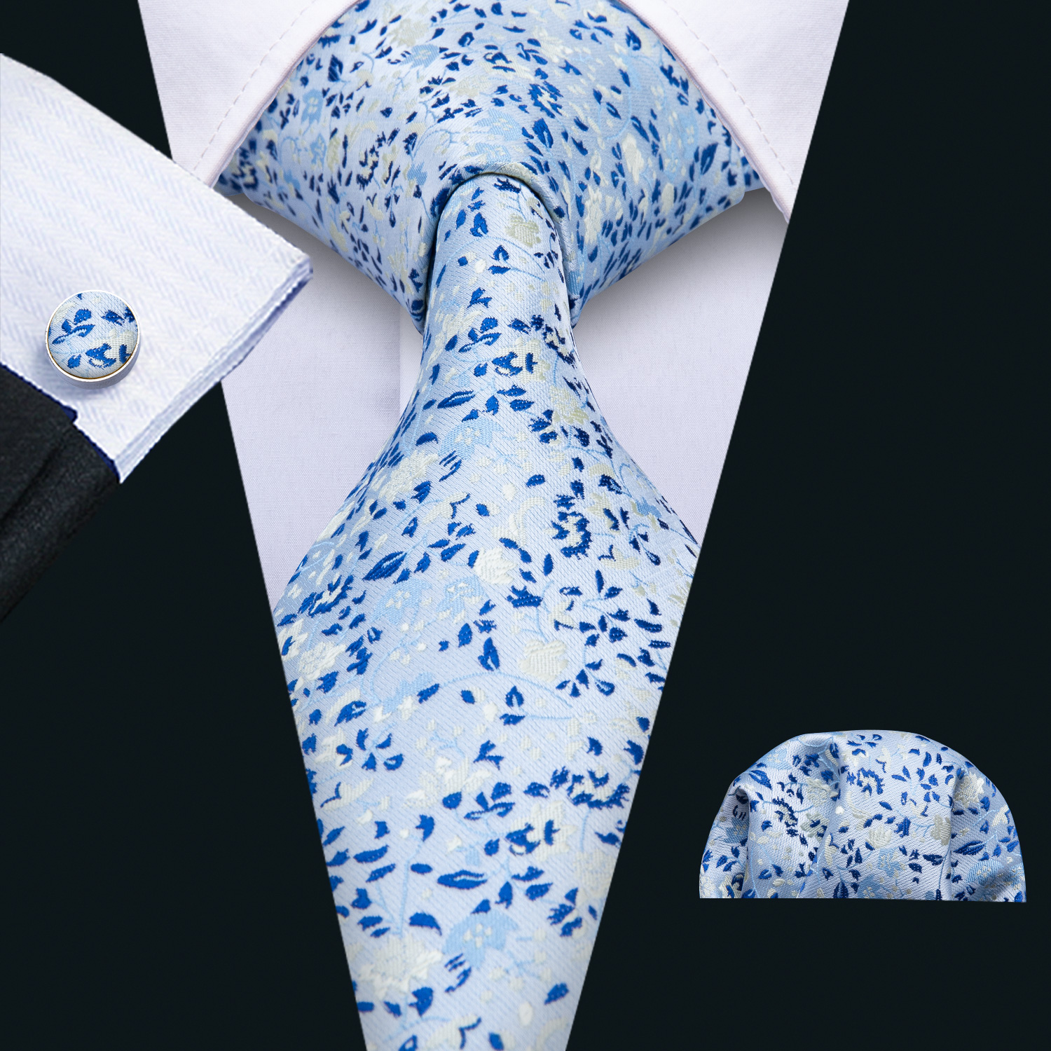 

Sky Blue With white Flowers Small Fresh Mens Tie Hankerchief Cufflinks Set Silk Business Casual Party Necktie Jacquard Woven N-5020, Black;blue