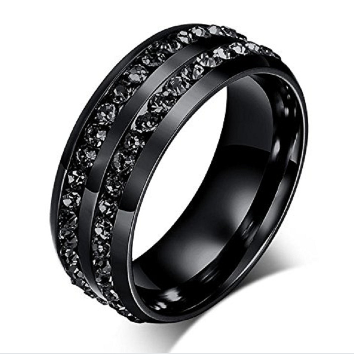 

2018 New Fashion Men's Ring Black Crystal Ring Titanium Steel Full-Drill Double Row Circle Diamond Wedding Ring