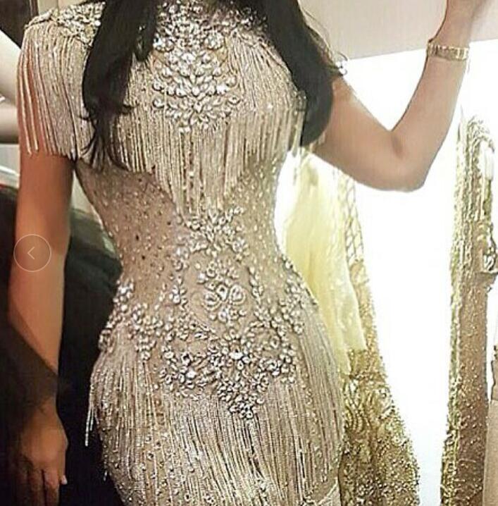 

Evening dress Yousef aljasmi Kim kardashian Short sleeve High collar Tassels Crystal Sheath Almoda gianninaazar ZuhLair murad Ziadnakad, Same with picture