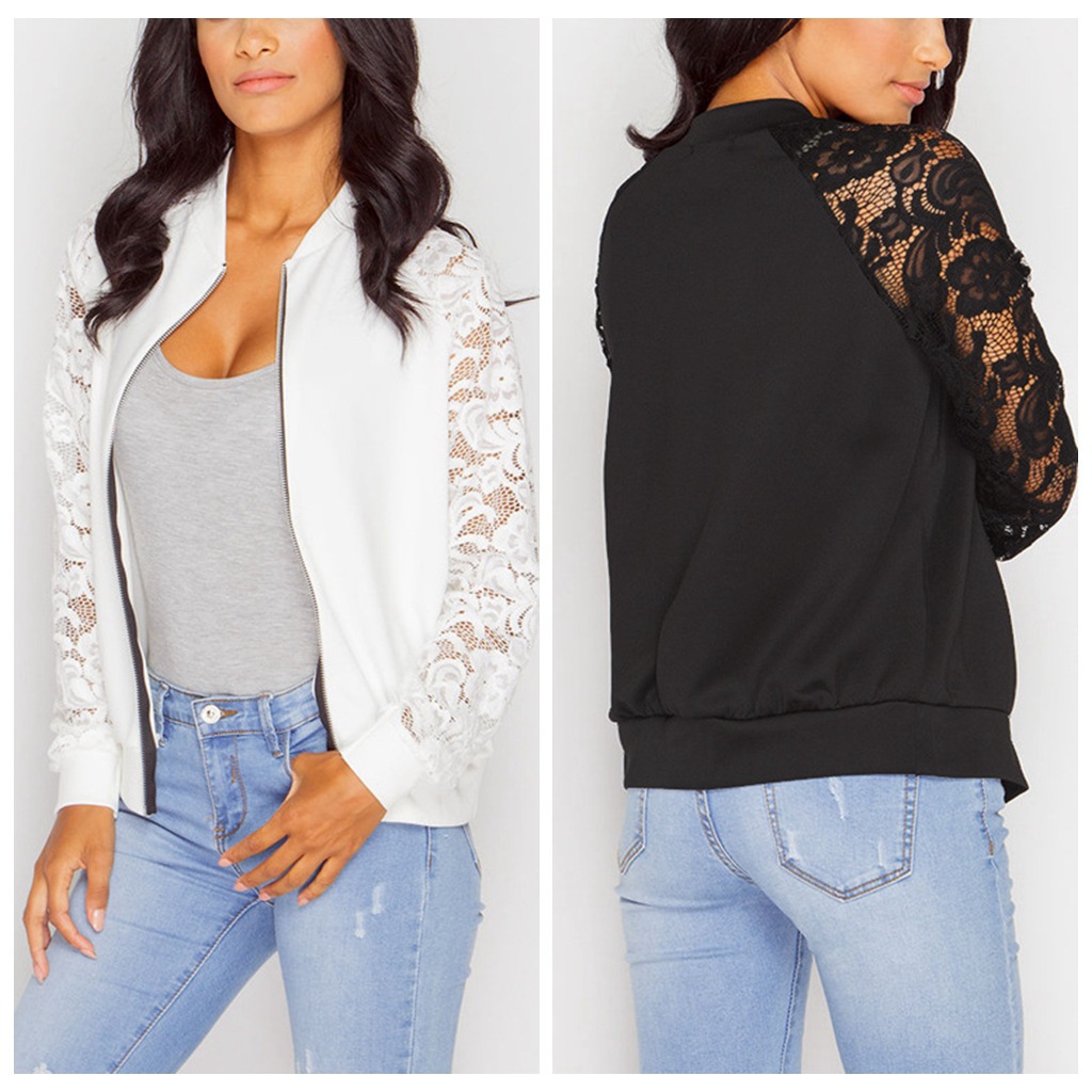 Large Stock 2018 Fall Winter Fashion Long Sleeve Lace Patchwork Zipper Jacket For Women Black White Slim Jacket Overcoat