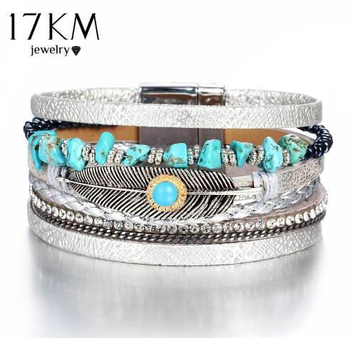 

17KM Vintage Wide Leaf Stone Charms Bracelets Bangles For Women Men New DIY Multiple Layers Bracelet Party Fashion Jewelry