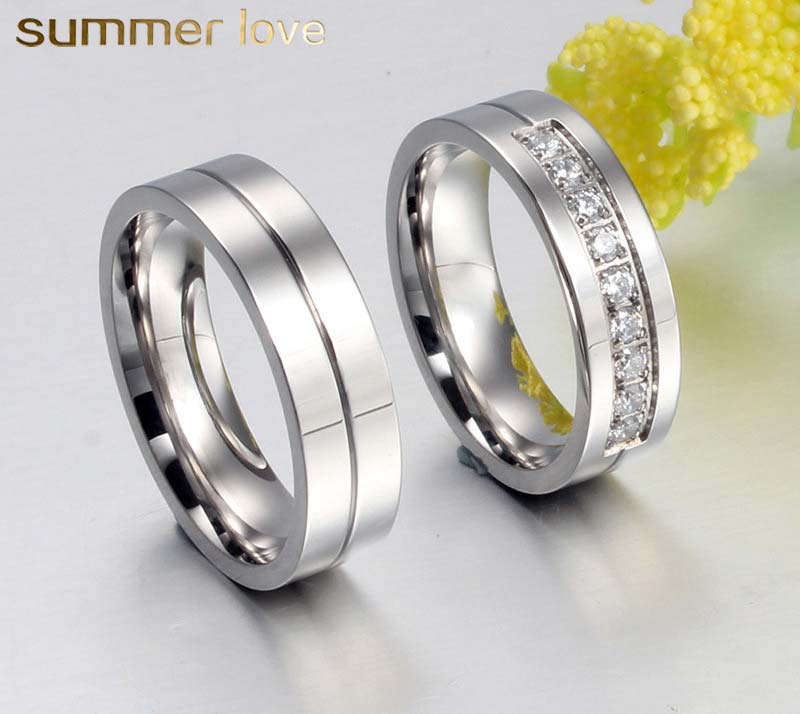 

High Quality Titanium Steel Round Couple Wedding Rings for Men Women Shinning Crystal Inlay Sliver Finger Ring Simple Temperament Jewelry