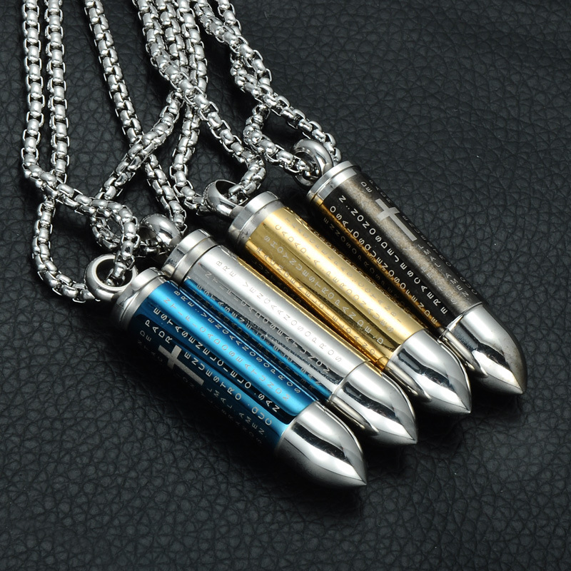 

Punk Stainless Steel Men Lord's Prayer Hollow Bullet Vintage Cross Necklace Pendant Box Chain Man Party Jewelry Collier H017