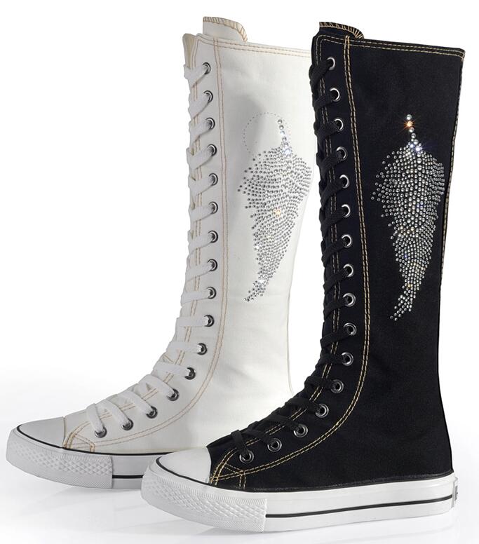 

Womens Canvas Maple Leaf Flat Sneakers Lace Up Knee High Boots, Black