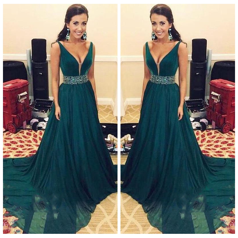 

Dark Green Chiffon Deep V Neck 2018 Dresses Evening Wear Beading Sleeveless A Line Long Prom Dress Formal Gowns Vestidos De Fiesta, Pink