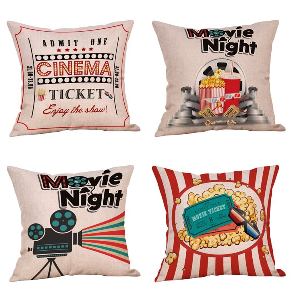 

Movie Theater Cinema Personalized Cotton Linen Square Burlap Decorative Throw Pillow Case Cushion Cover 18 inch (4 Pack Theater Decor), Velvet soft
