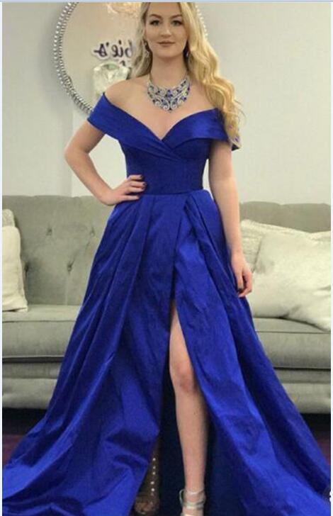 

Blue V Neck Off The Shoulder Prom Dresses A Line Arabic Dubai Front Split Stain Elegant Cocktail Dress 2019 Formal Evening Party Gowns, Yellow