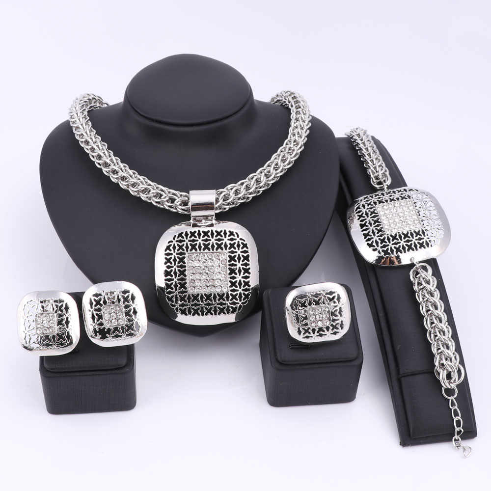 

Fashion African Beads Jewelry Set Exquisite Dubai Silver Plated Square Crystal Jewelry Set Nigerian Wedding Bridal Bijoux, As pic