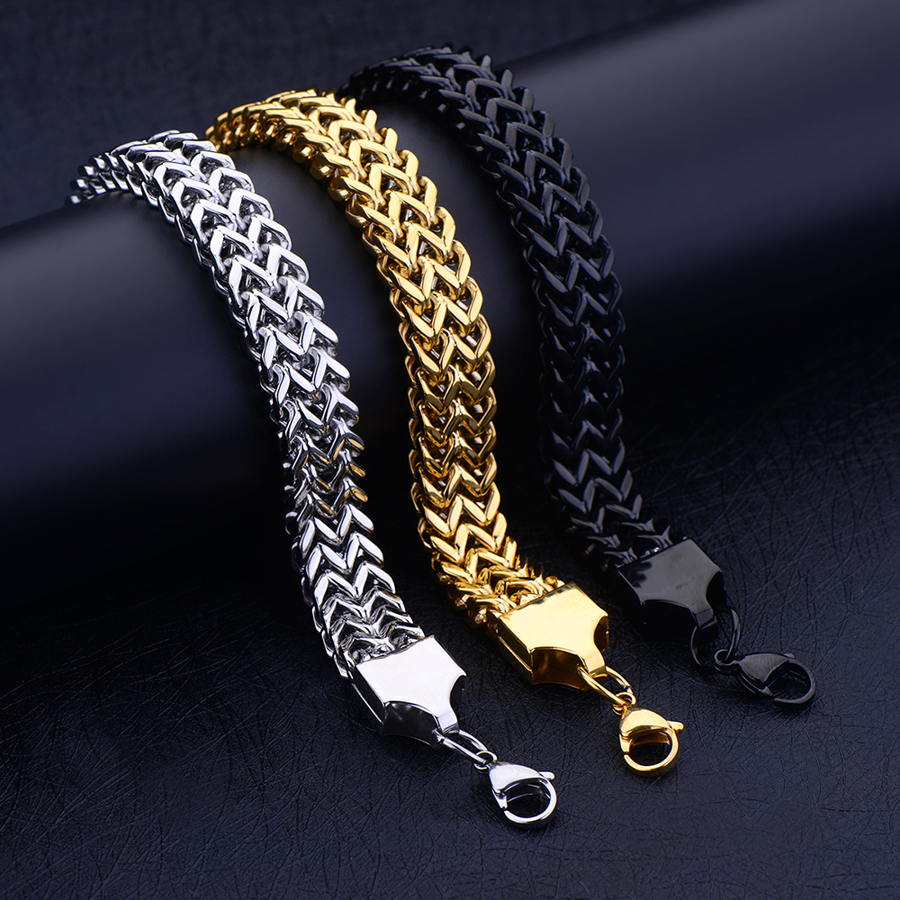 

Wholesale 12MM 316L Titanium Steel Silver Gold Black Color Front Back Chain Bracelet & Bangles Cool Fashion Men's Jewelry Length 20 22CM