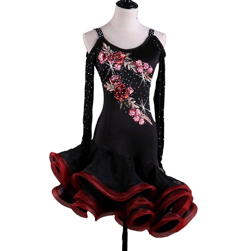 

Latin Dance Dress Costumes Women Salsa Tango Dress D369 Red with Bra Cup Underwear Rhinestones Fluffy Sheer Hem Long Net Sleeve