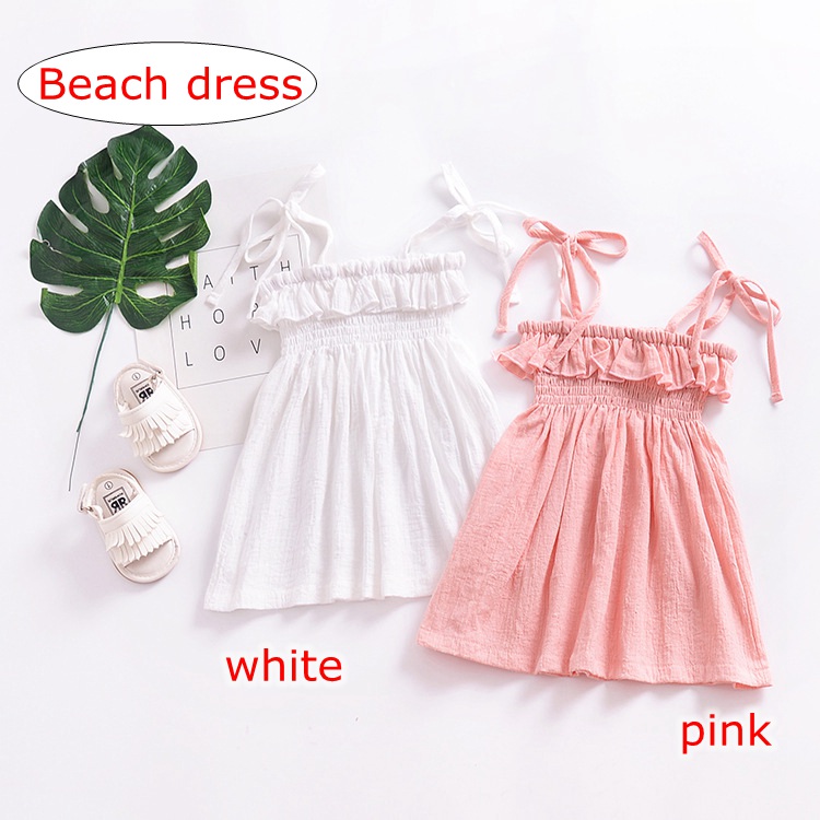 

INS Summer Girls Spaghetti strap Party Dresses baby girls Beach dress Sundress Ruffles Pure Cotton Pink White 1T 2T 3T 4T Cheap wholesale, Mixed