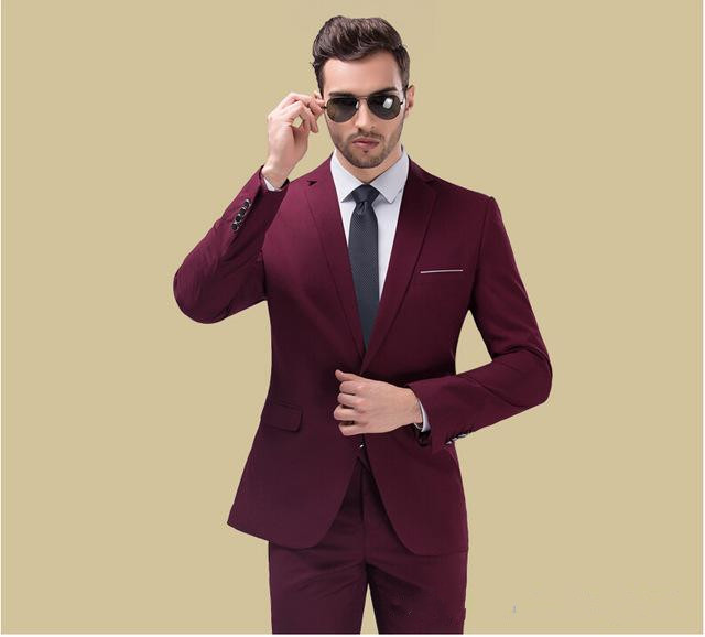 

New Fashion Burgundy Groom Tuxedos Cheap Slim Fit Groomsmen Suit Notch Lapel Best Man Blazer Mens Wedding Suits (Jacket+Pants+Tie), Navy