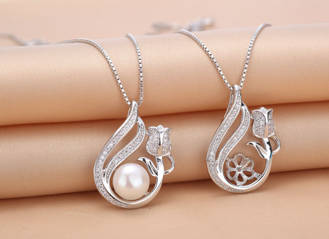 

zircon solid sterling silver pendant setting(with chain), necklace mounting, necklace blank without pearl, rose pattern, jewelry diy, gift, Slivery;crystal