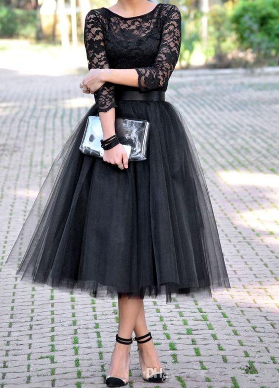

Gothic Black Short Wedding Dresses 2019 Vestidos De Noiva A-Line Tea Length Tulle Vintage Style 3/4 Long Sleeve Lace Bridal Gowns W616, Silver