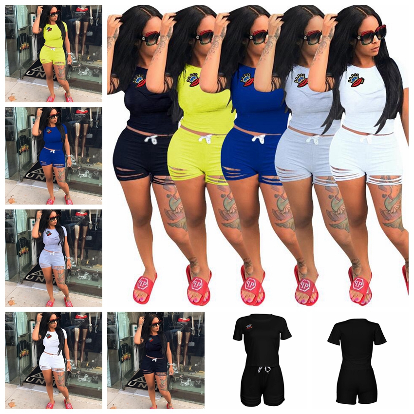 

Women Summer Casual Shorts Tracksuit Crown & Lip Gloss Crop Sweatshirt With Ripped Hole Shorts Pant 2pcs set GYM jogger suit GGA439 12sets, 5colors;please remark