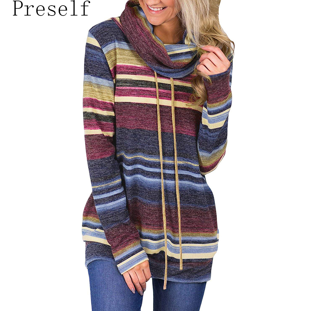 

Preself 2018 Autumn New Long Sleeve Stripe T Shirt Plus Size Loose Pile Collar Women T-shirt Cotton Slim Fashion pocket Woman Cl, Blue