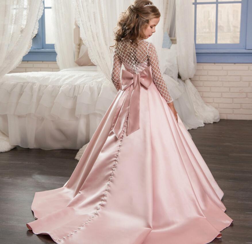 

Blush Flower Girl Dresses with Beaded Tulle Long Sleeves Pageant Dresses for Girls with Butterfly, White