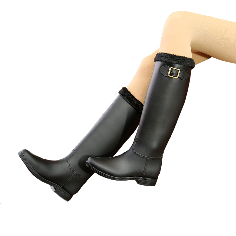 

Winter Spring Soft Leather Knee-high Rain Boots Buckle PU Waterproof Motorcycle Bowtie Ankle Martin Woman Shoes, Black 2