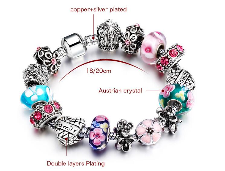 

925 Silver Plated Nice Strands Transparent Austrian Crystal Murano Glass Beads Pan Style Hand Made Charms Bracelets,Family Letter Printed Charms on Chains