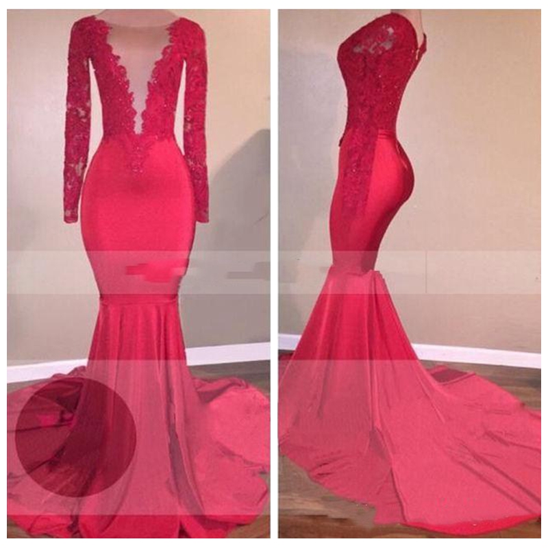 

2018 Sheer Scoop Lace Appliques Long Sleeves Mermaid Red Prom Dresses Beautiful Elegant Long Women Formal Dresses Evening Party Gowns, Same as picture