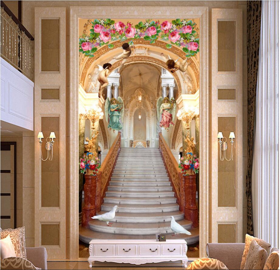 

3d wallpaper custom photo European 3d church flowers angel staircase heaven pigeon porch background wall muals wall paper for walls 3 d, Sky blue