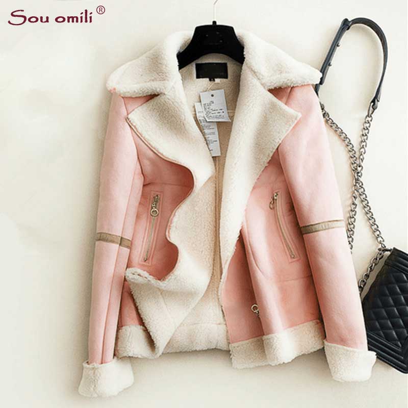 

Women fleece Leather Suede Jacket Pink Bomber Faux Leather Jacket Jack Motorcycle Coat femininas chaqueta leren damesjas, Brown