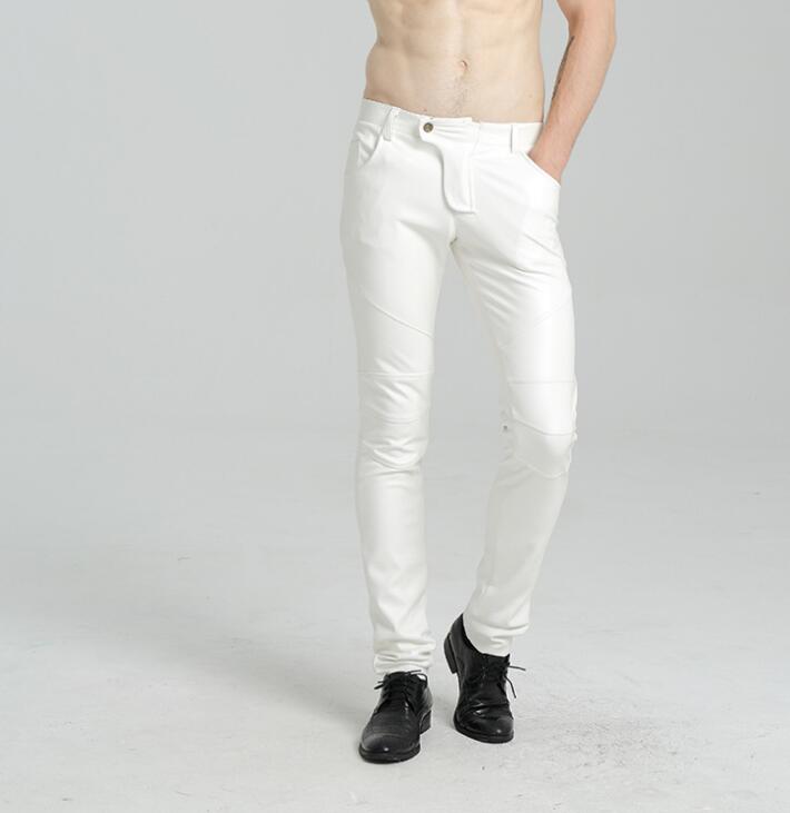 white thin Slim fit Plus velvet personality fashion motorcycle faux leather pants mens feet pants pu trousers men pantalon homme