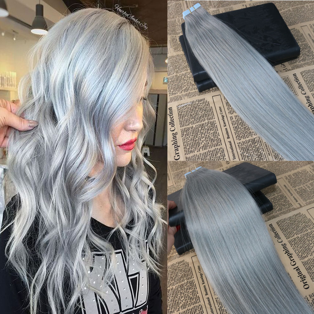

Tape in Human Hair Extensions Sliver color Skin Weft Tape in Extensions Grey PU Straight Tape on Hair Extensions 100g/40pcs, Pure sliver color