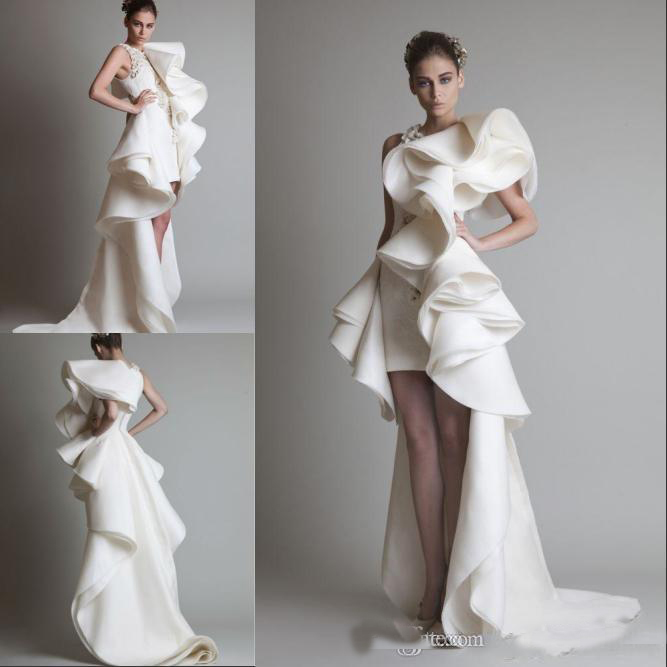 

2019 Hot Design wedding Dresses One Shoulder Appliques Ruffles Sheath Hi-Lo Organza New Customed White Ivory Krikor Jabotian Bridal Gowns, Champagne