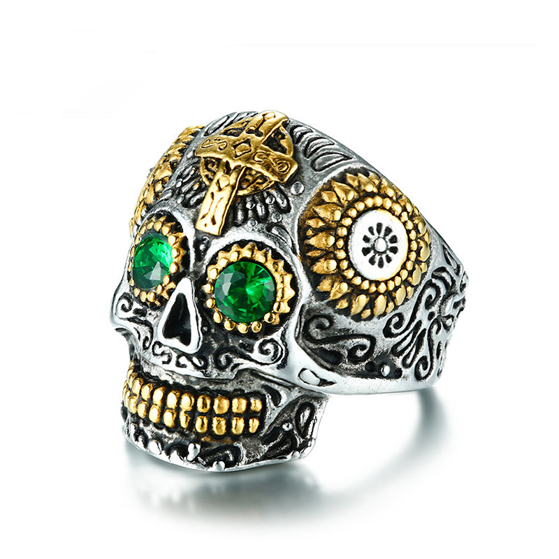 

Tibetan Buddhist Carved Kapala Skull Rings For Men With Green Eyes Stainless Steel Big Skeleton Rings Men Hip Hop Jewelry