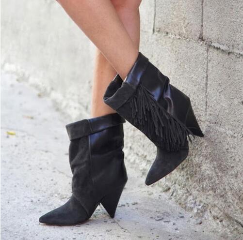 

Hot Sale Fringed Gray Black Suede Spike Heels Fashion Lady Boots Pointed Toe High Heels Sexy Winter Autumn Woman Boots Shoes, As picture