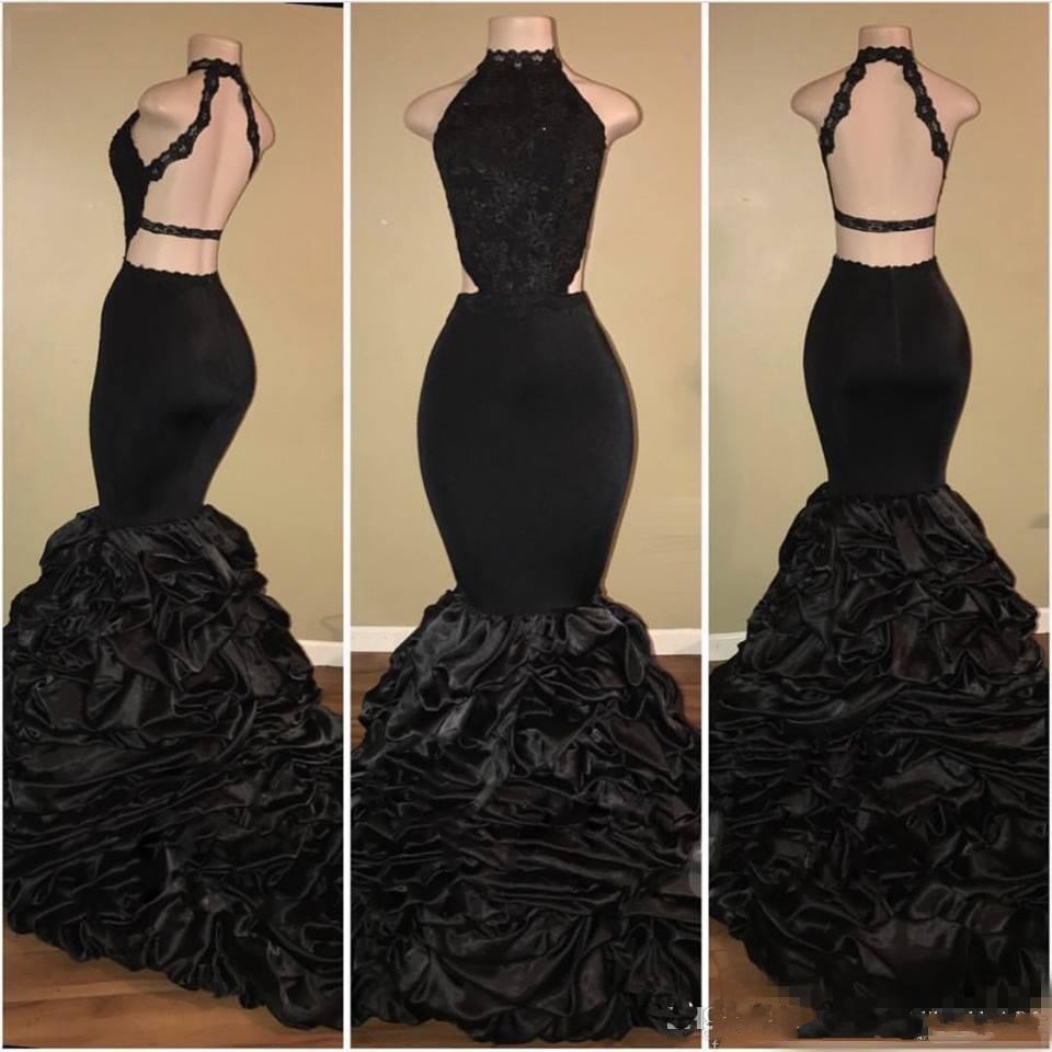 2020 Hot Black Mermaid Prom Dresses Halter Neck Lace Appliques Tiered Ruched Criss Cross Backless Sweep Train Plus Size Party Evening Gowns