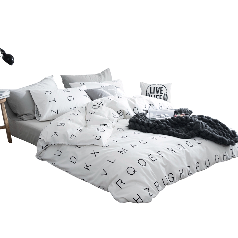 

TUTUBIRD white and black leers print bed linen 100% coon bedding set modern kids duvet pillow covers 4pcs queen  size, As pic