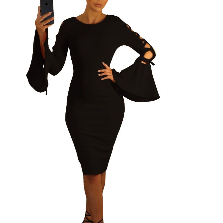 

Vintage Party Dresses Women Summer Elegant Club Midi Dress 1950s F0345 Long Bell Sleeve Hollow Out, Black