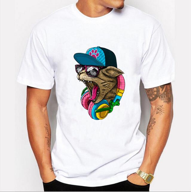 

Brand Designer-New Arrival Men' Fashion Crazy DJ Cat Design T shirt Cool Tops Short Sleeve Hipster Tees, White