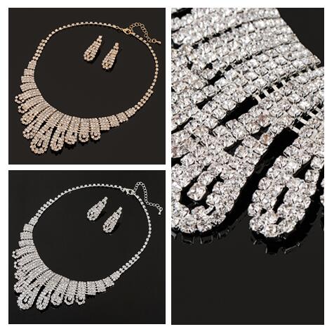 

2 pieces Set Bridal Crystal Necklace White Rhinestones Mosaic Wedding Dress Jewelry Lady Earrings Necklace Set Accessories, Silver