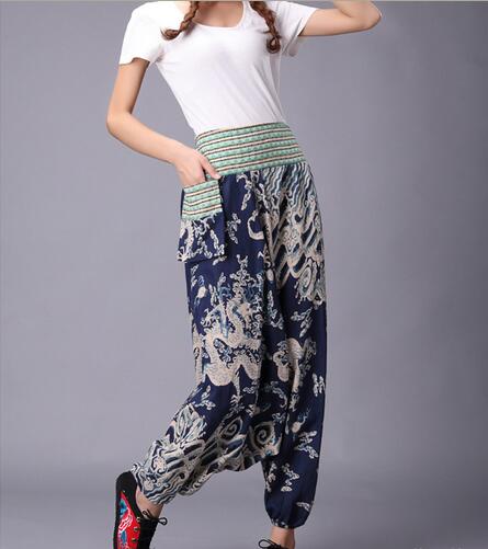 

Women Harem Pants Pantalon Femme Chinese Print Wide Leg Loose Casual Pants Cotton Linen Saggy Trousers, Blue