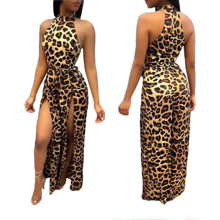 

2018 Winter Women Sexy Leopard Print High Split Jumpsuits Stretchy Halter Sleeveless Back Zipper Party Long Skinny Jumpsuit Slim Club Wear